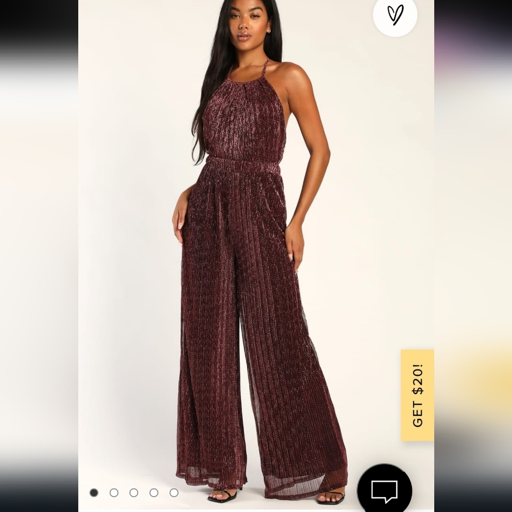 Lulus Walk On Sunshine Shiny Plum Halter Wide Leg Jumpsuit